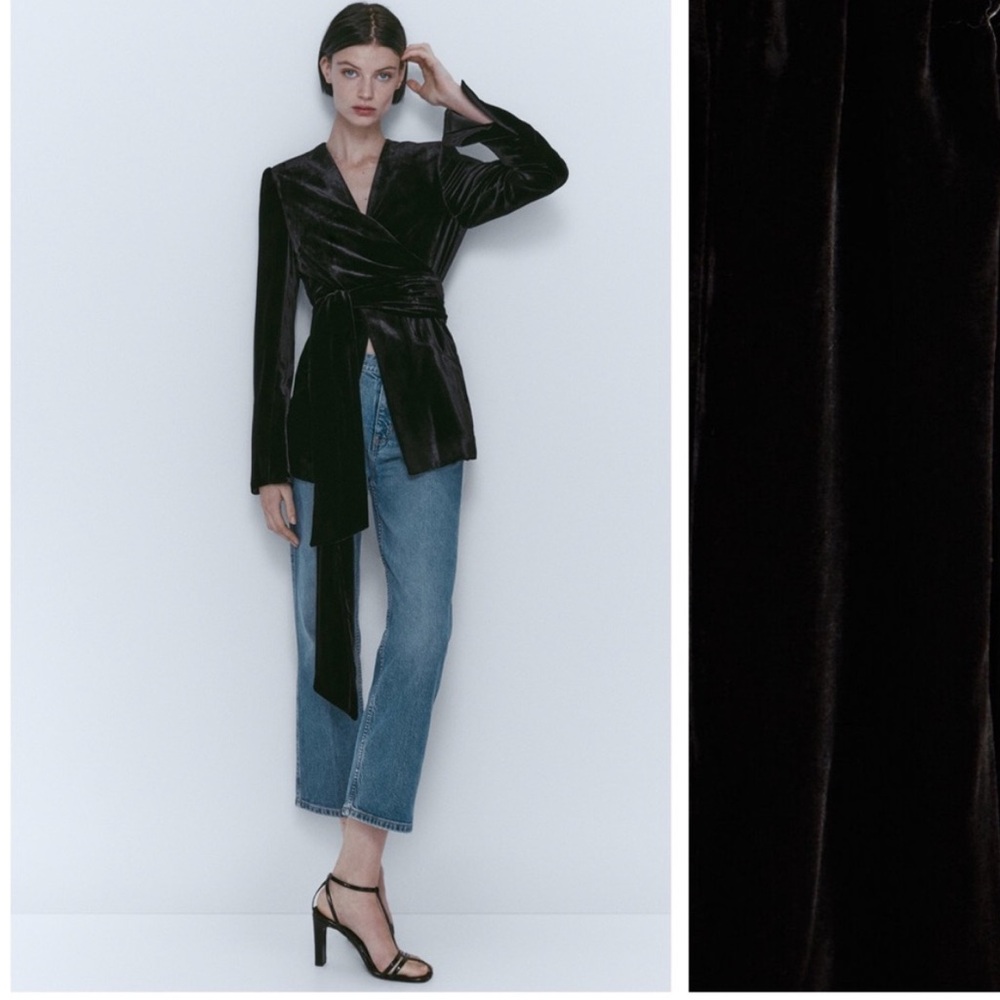 NWT. Massimo Dutti Black Velvet Wrap-Style Blazer with Tie Detail. Size 38
